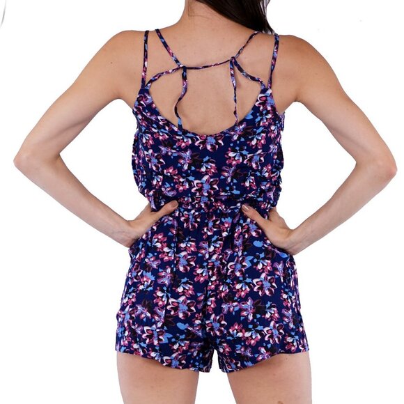 Sumer Floral Romper Shorts Strappy Back Spaghetti Straps Elastic Wais - Picture 2 of 6